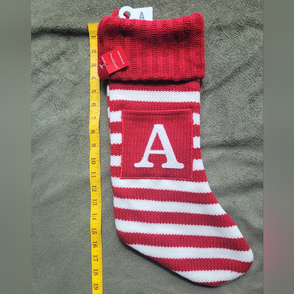 🎄 Red & White Knit Christmas Stocking with "A" Monogram – 18” NWT
